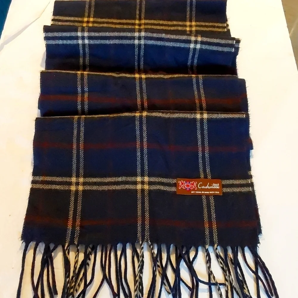 Cashmere Touch Neutral Navy Blue/ Burgundy Plaid Fringe Scarf Dress Preppy New!